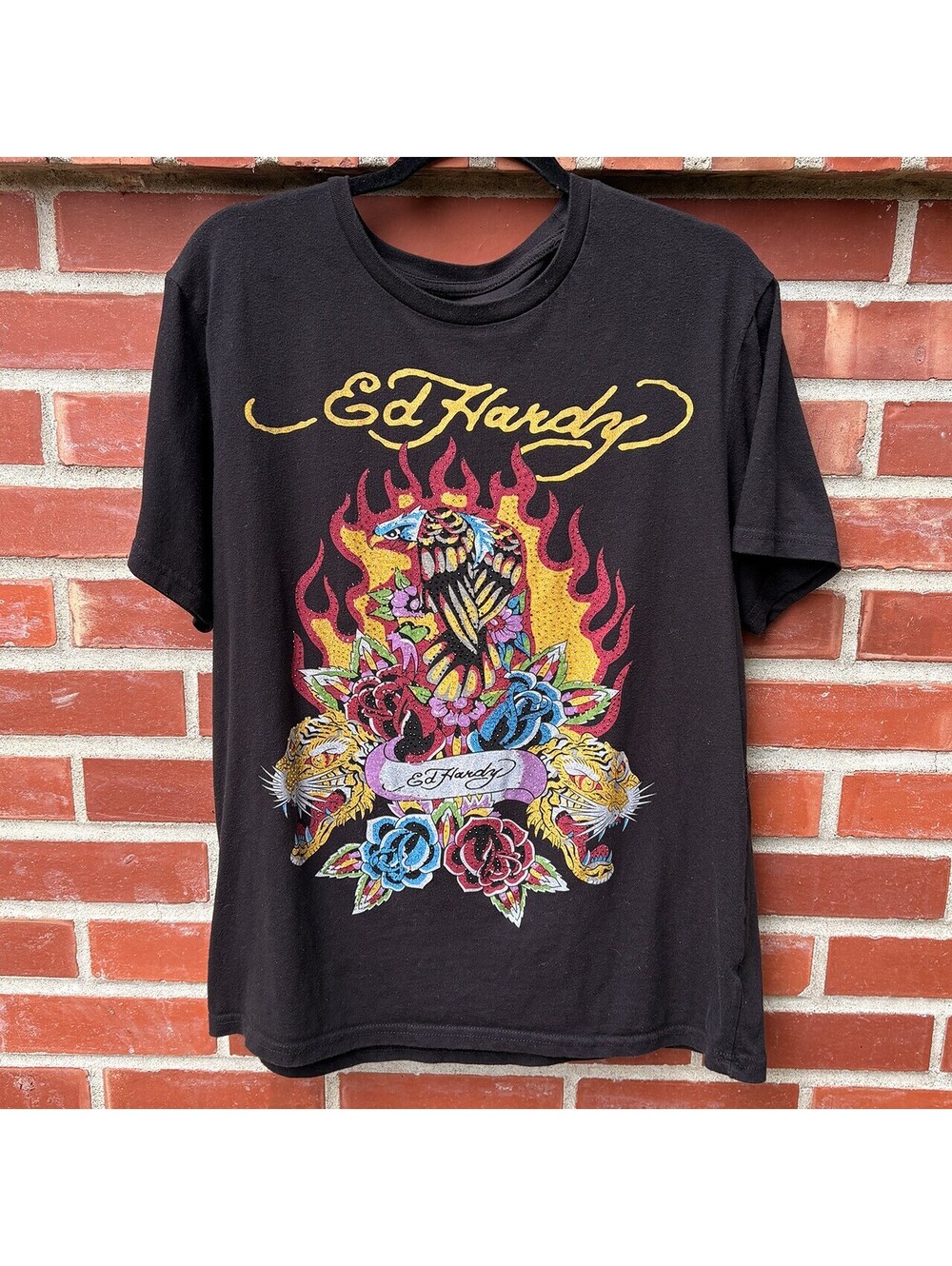 Ed Hardy Black Graphic T-Shirt with Flame and Tiger Design